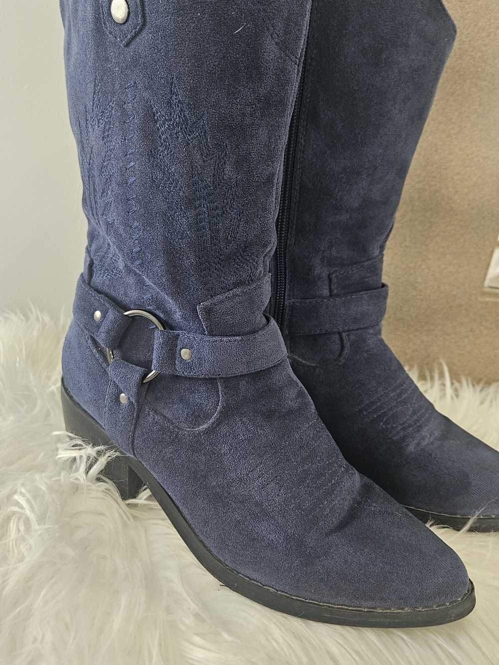 Inspire Navy Suede Mid-Calf Heeled Boots with Ring Strap
